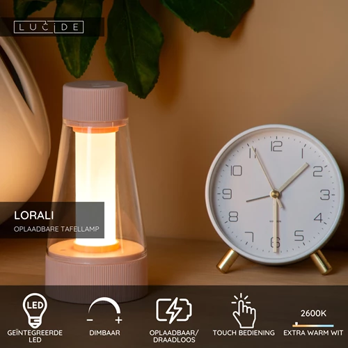 Lucide LORALI - Oplaadbare Tafellamp Binnen/Buiten - Accu/Batterij - Ø 7,7 cm - LED Dimb. - 1x1,2W 2600K/3000K - IP44 - Roze - USP